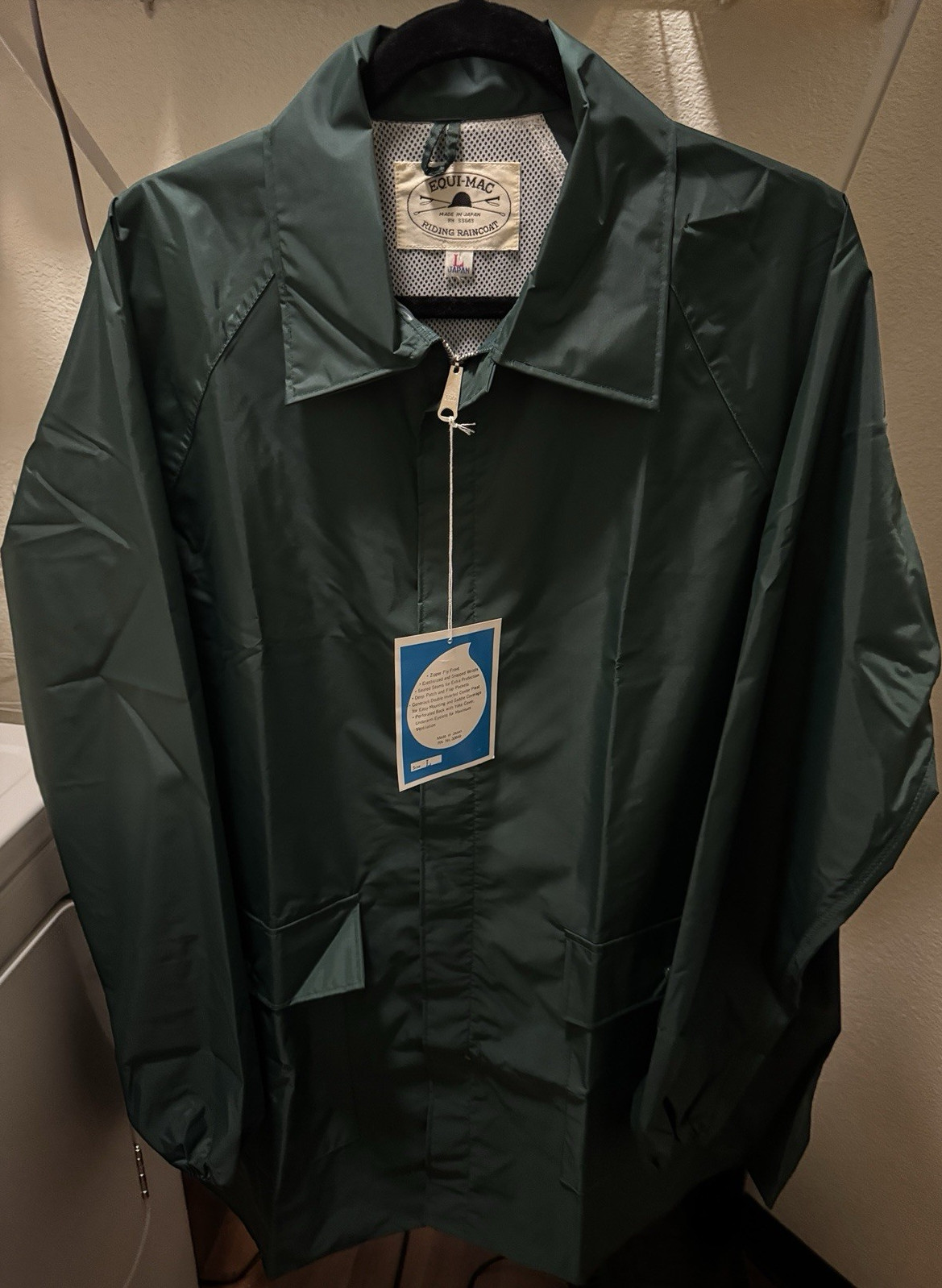 EQUI-MAC Waterproof Riding Raincoat Green Men’s L Zip Snap Sealed Seams Japan