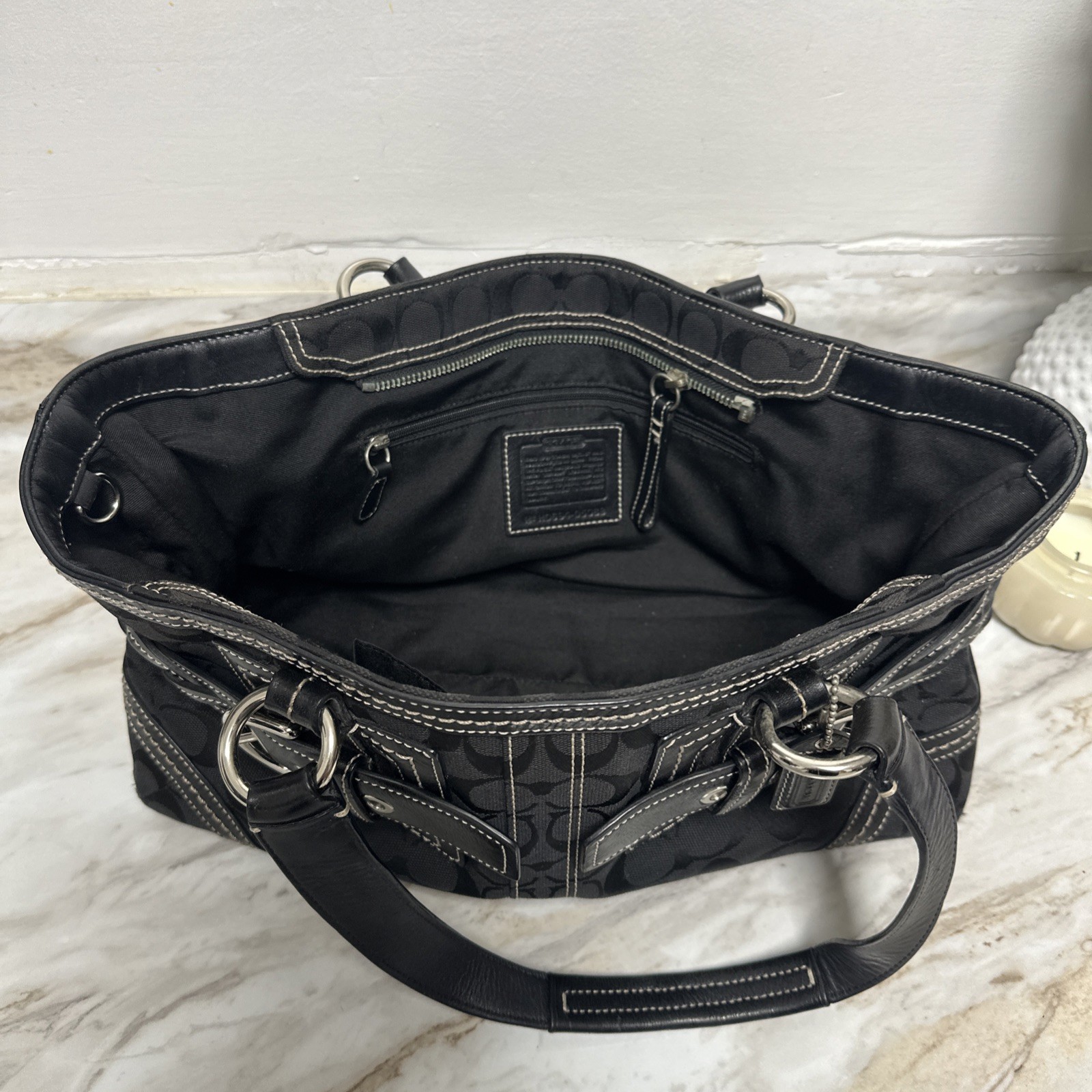 Coach Black Satchel Braided Buckle Accent Logo Zip Silver Hardware Inner Pockets
