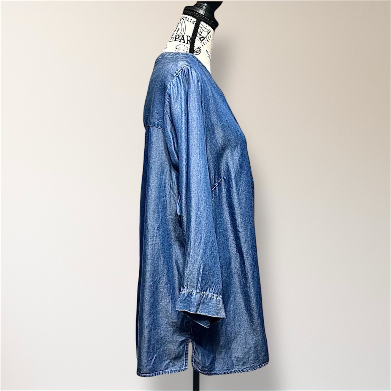 New Studio JPR 1X Blue Chambray Split Neck Tunic Top Long Sleeve Boho Retro Y2K