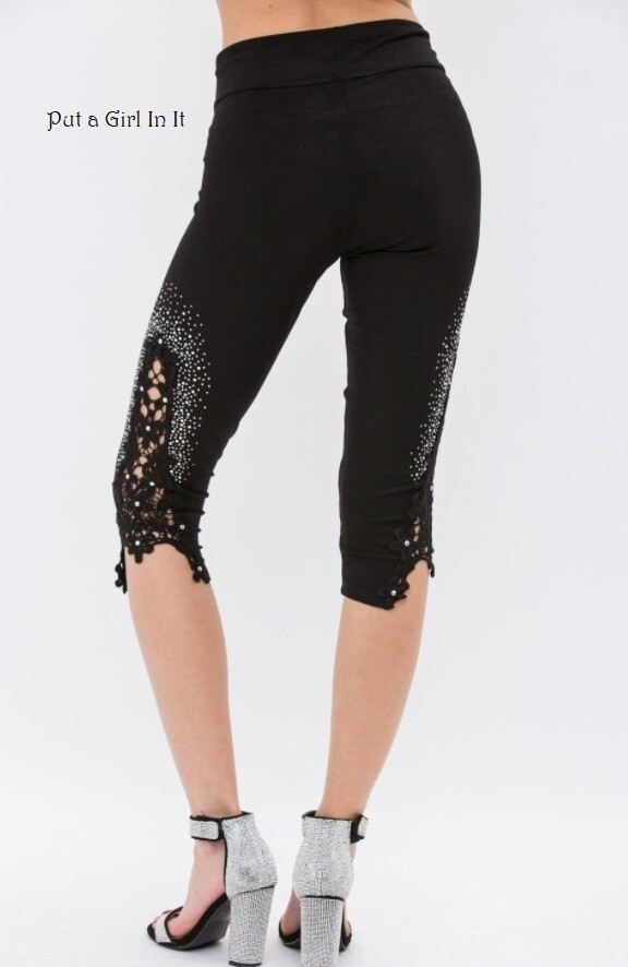 New VOCAL Womens CRYSTAL BLING SOFT BLACK LACE CAPRI LEGGINGS S M L XL 1X 2X 3X