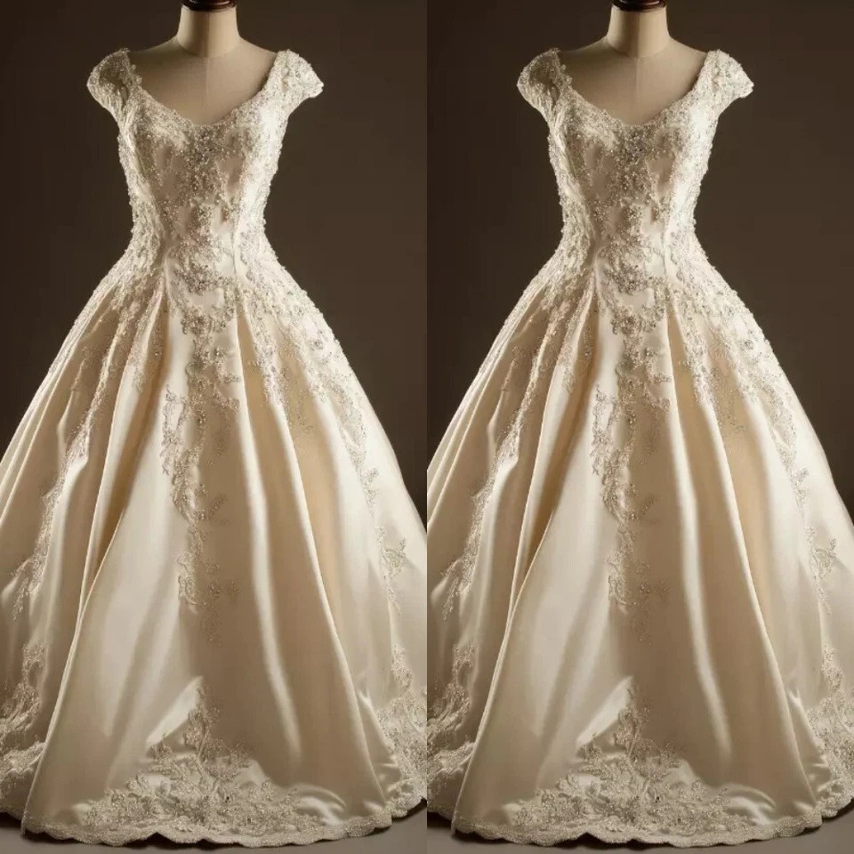 Classic Wedding Dresses Beaded Short Sleeves A-Line Lace Applique Bridal Gowns