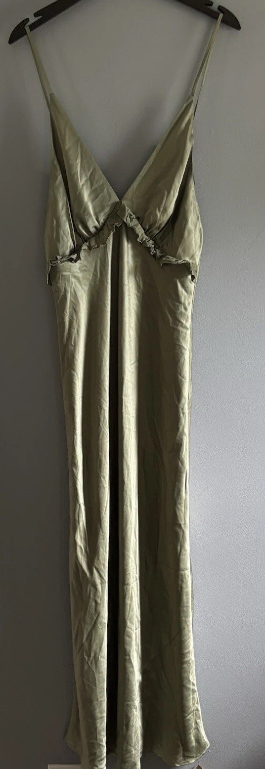 Reformation Madrigal Artichoke Green Satin Maxi Slip Dress Tie Strap Size M New