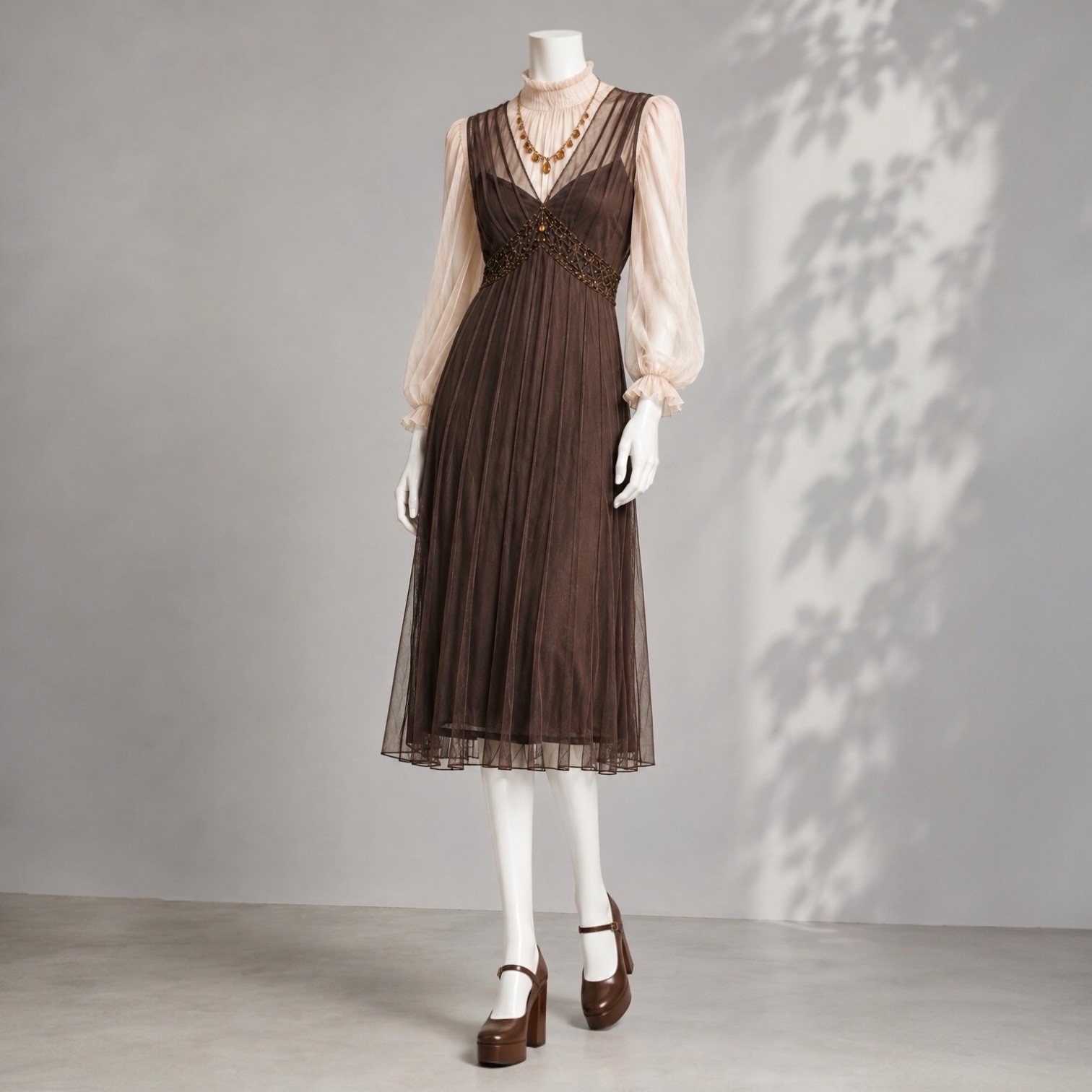 ECI Whimsigoth Dress 8 Brown Beaded Sequin Sleeveless Mesh Retro 20s Midi
