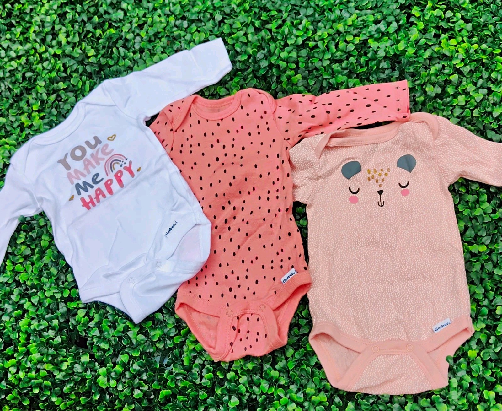 Gerber Baby Girls 3pc Cotton Knit Long Sleeve Bodysuit Set 0-3M Pink/White