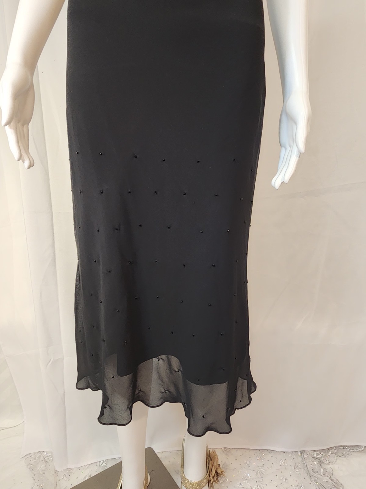 Lucia Figuredo,Black,Cascading Plunge,Flowing Sheer Overlay,Below Knee,SM,NWOT