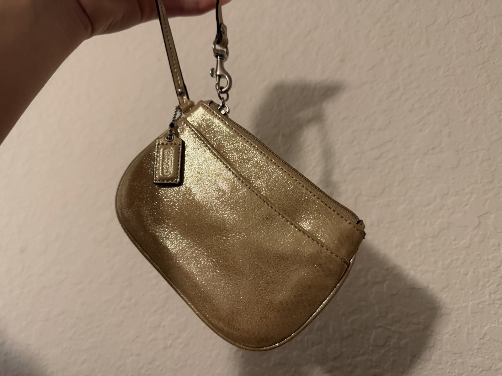 Coach Metallic Gold Small Wristlet Pouch Zip Closure Wrist Strap Silver HW