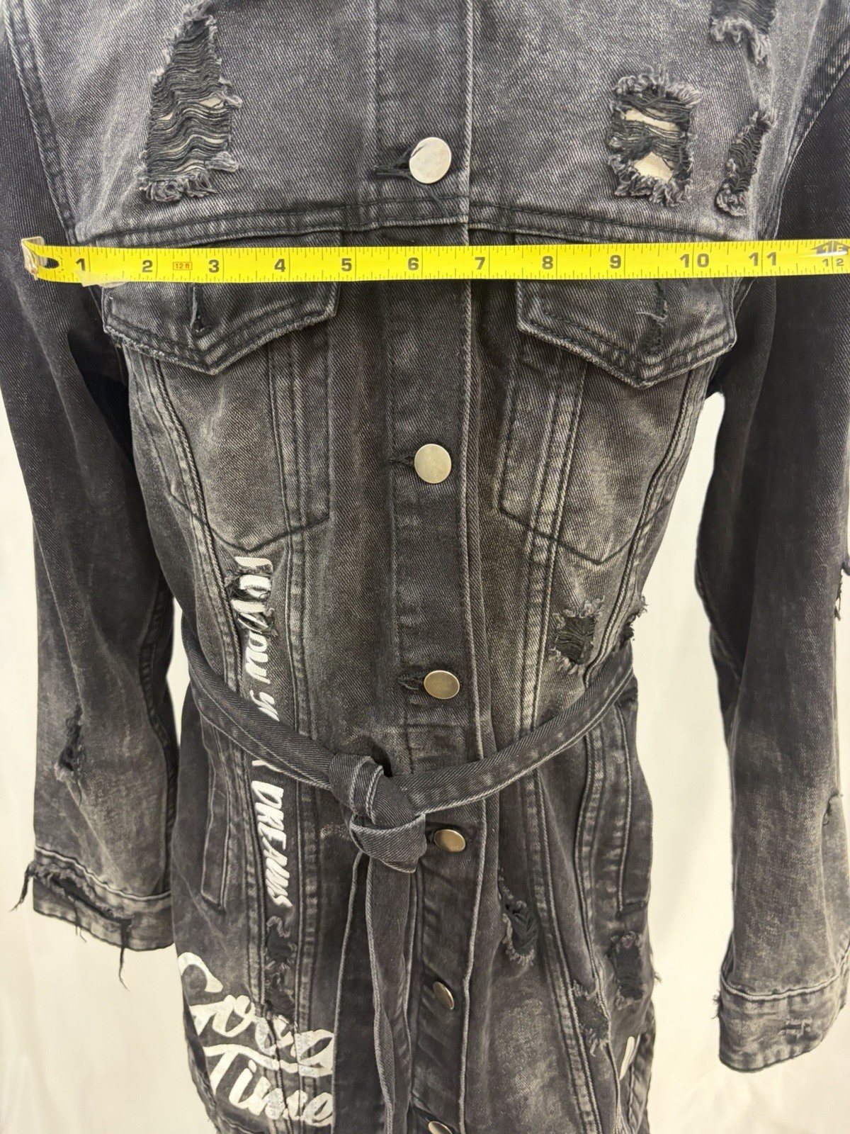 American Bazi Black Distressed Denim Jacket Dress Size M Belted Good Times