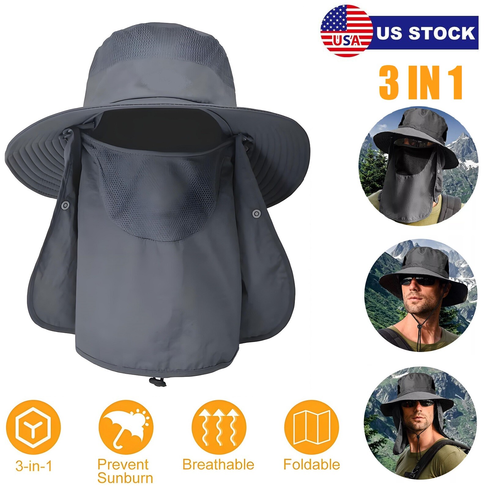 Men’s 3 in 1 Wide Brim Sun Hat w/ Neck Flap Hiking Fishing Cap UV Protection USA