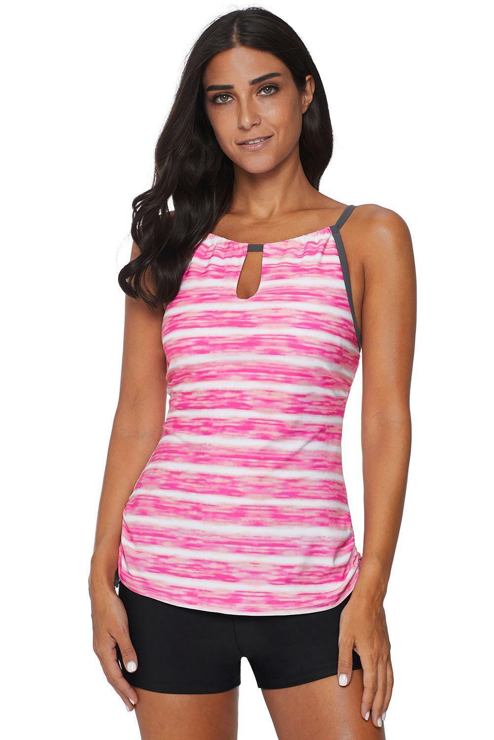 Women Fuzzy Stripe Print Drawstring Neck Tank Swimsuit 2 PC Shorts Tankini Set