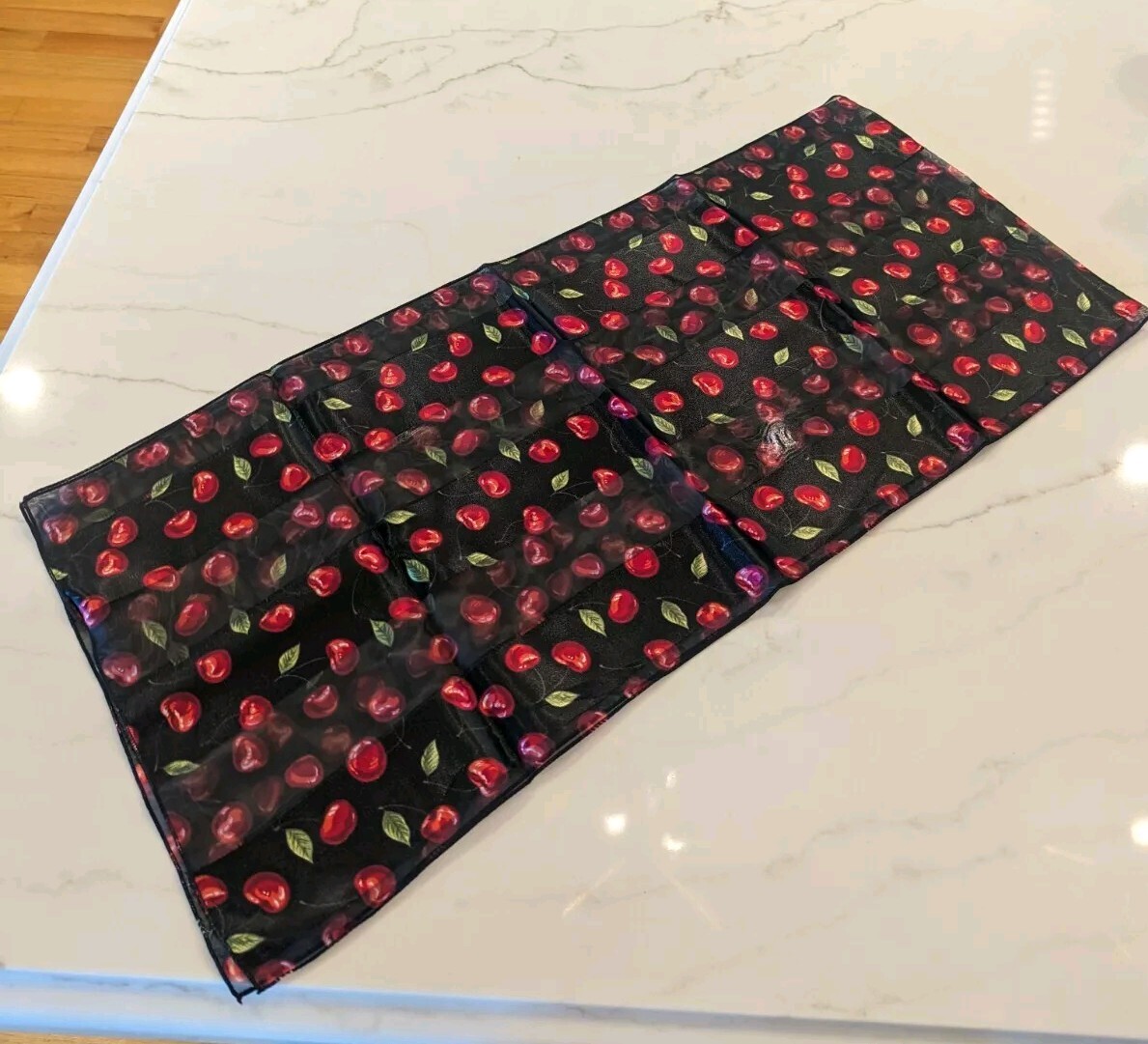 NIB – Silk Feel Scarf in Red, Black & Green Cherry Print – 12.5″x58″ -Polyester