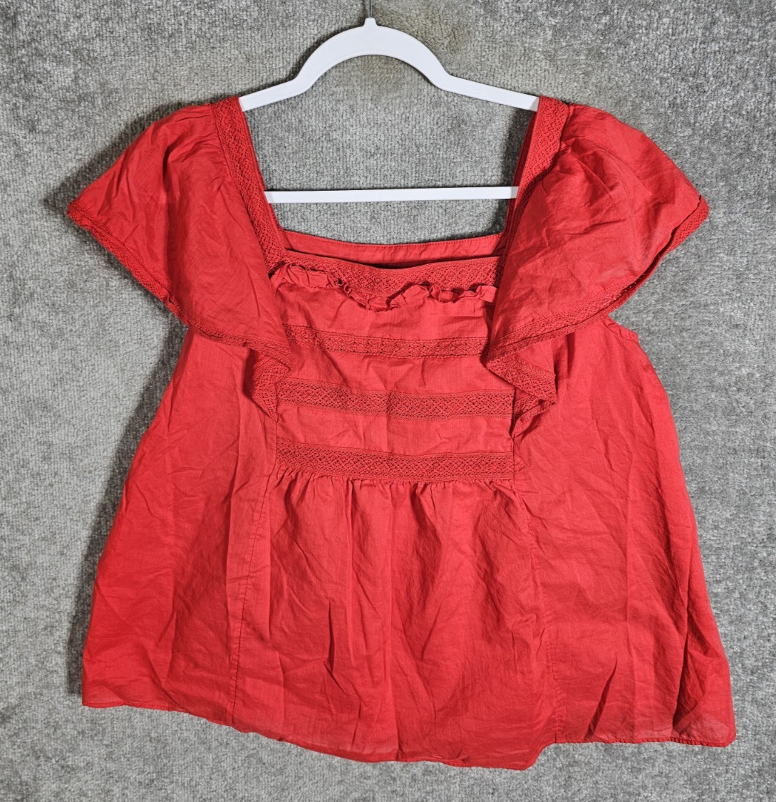 Draper James Square Neck Top Womens Size M Red Crochet Ruffle Lightweight Lined