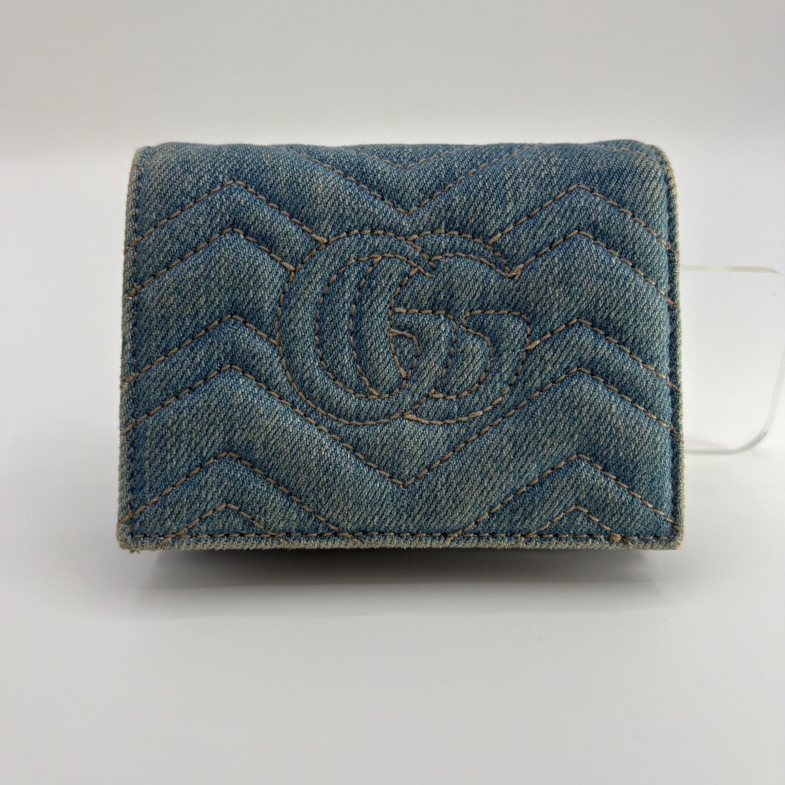 Gucci GG Marmont Wallet Denim Pearl Studs Compact Trifold Blue Leather Auth