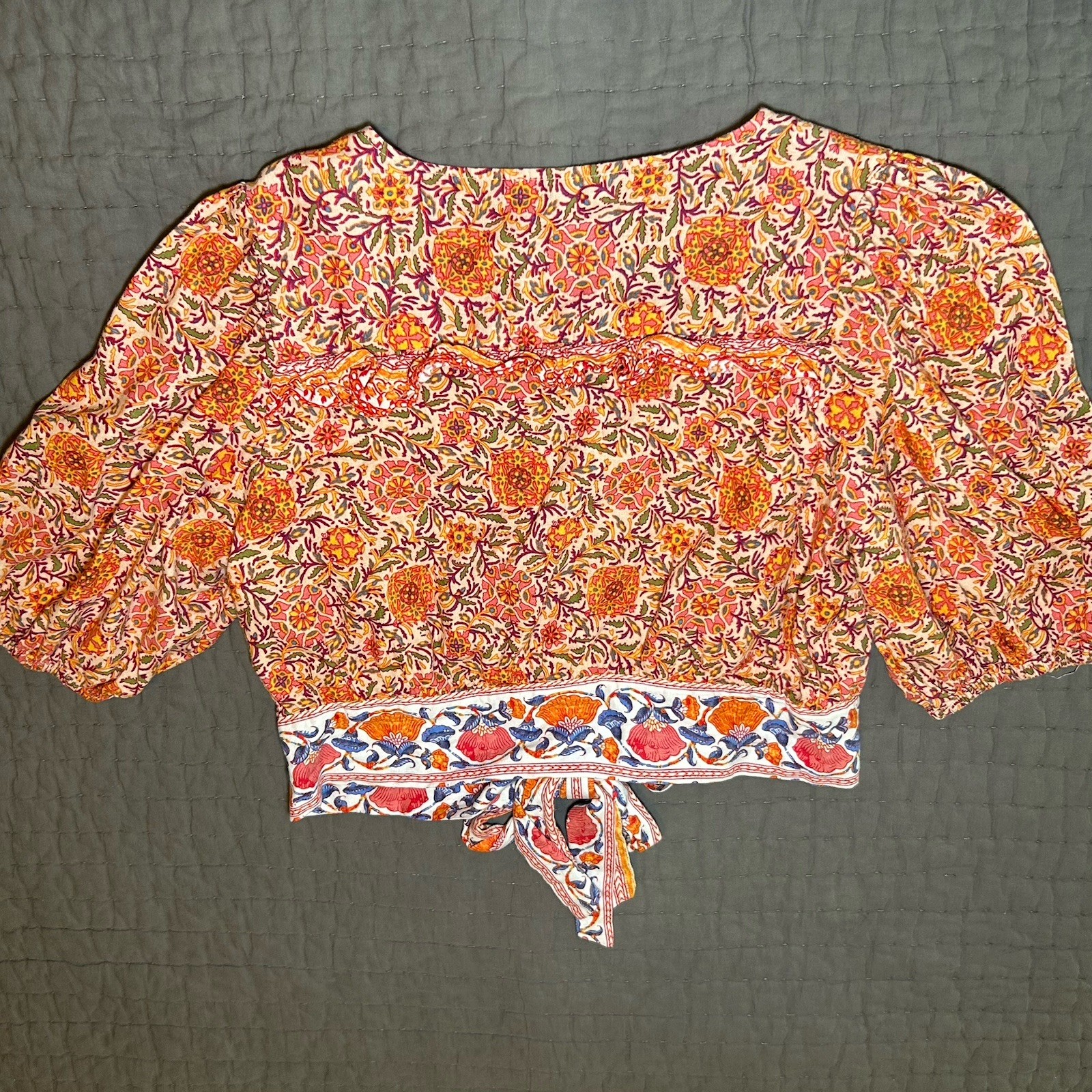 Rachel Zoe Linen Blend Blouse M Medium Tropical Floral Tie Front Vacation Beachy
