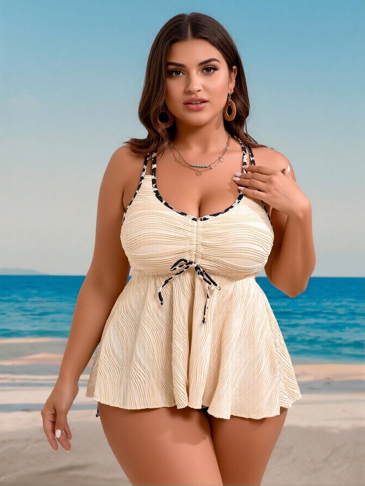 Plus Size Beige Crinkle Swimdress Tankini Set Drawstring Waist Tummy Control Two