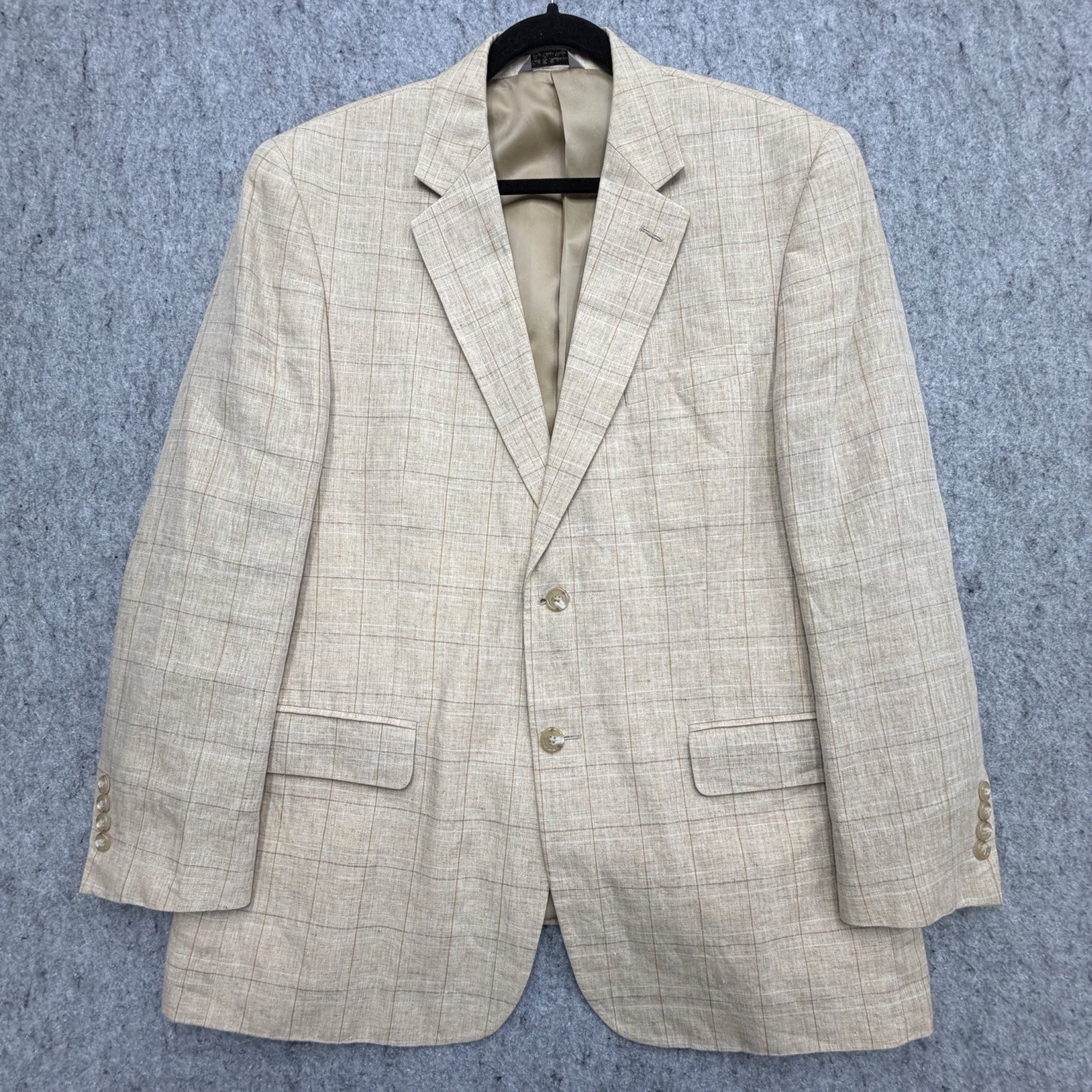 Haspel Blazer 42R Beige Windowpane Plaid 100% Linen 2-Button Sport Coat Jacket