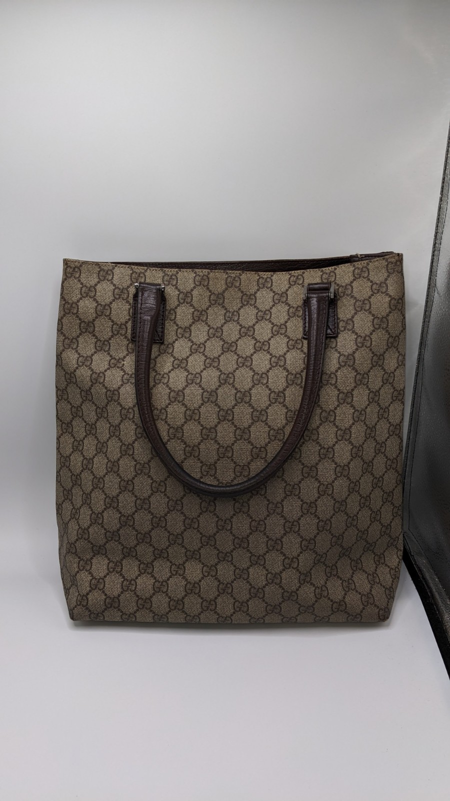 Gucci GG Supreme Monogram Canvas Brown Leather Large Tote Shopper Bag