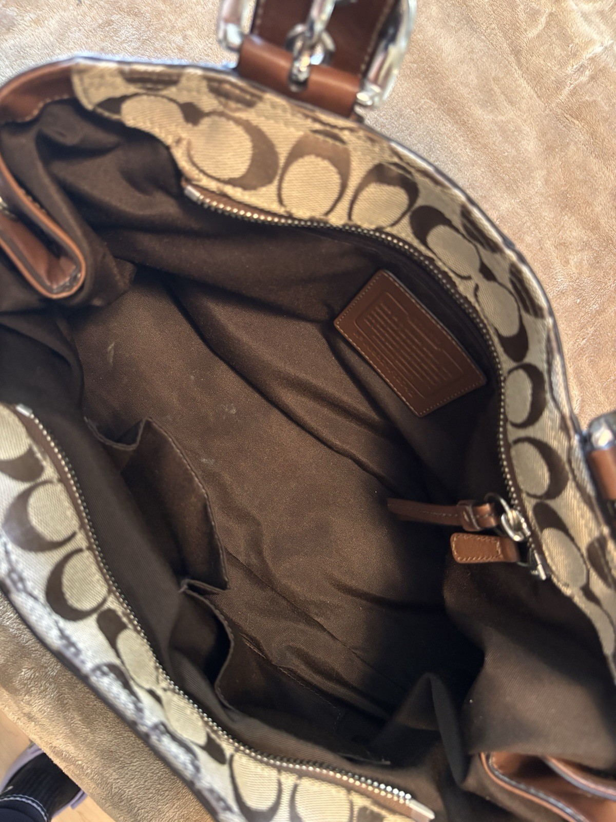 Coach Soho Signature C Monogram Shoulder Bag Brown Leather Trim Pleated