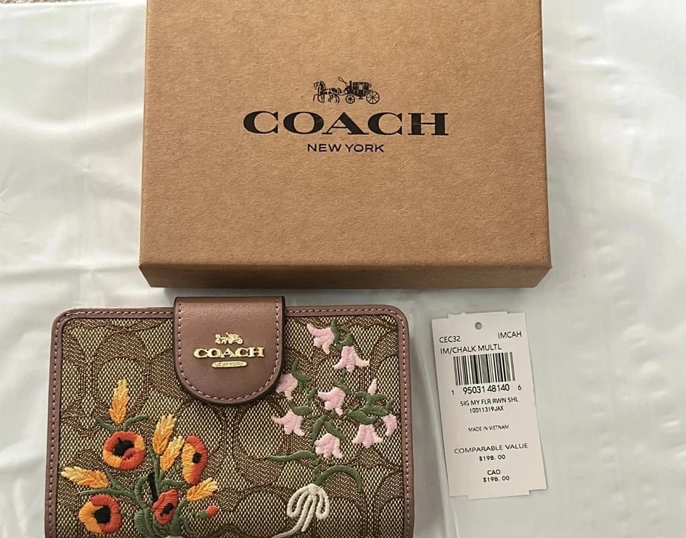 Brand New Coach Medium Corner Zip Wallet Signature Jacquard Floral Embroidery