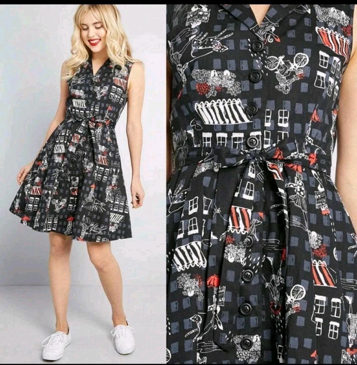 Modcloth Black Pinup Sleeveless Community Brunch Cotton Rockabilly Midi Sz L NWT