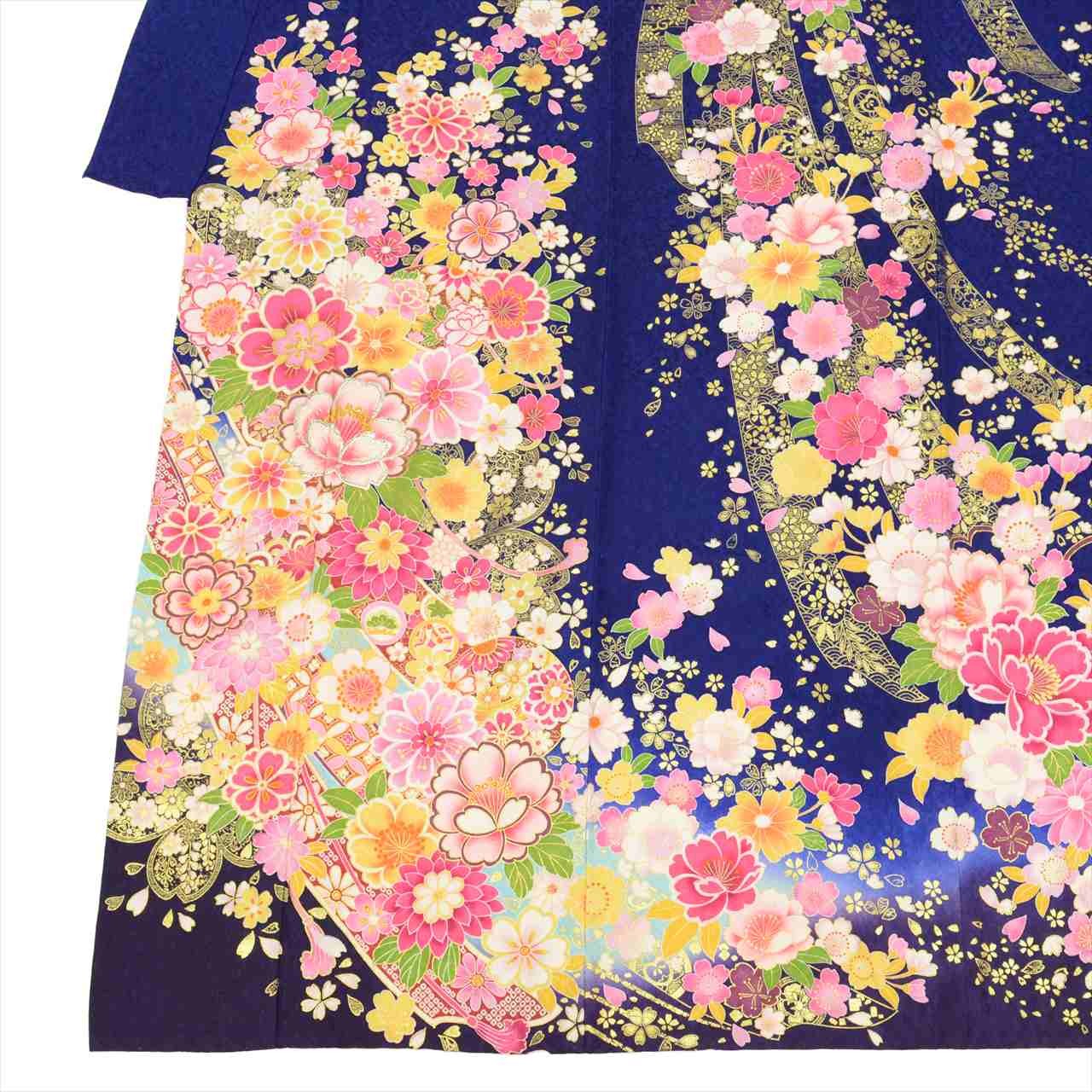 Vintage Kimono Furisode | Navy Silk Floral Gold Thread Foil | Tall LL uu0239b
