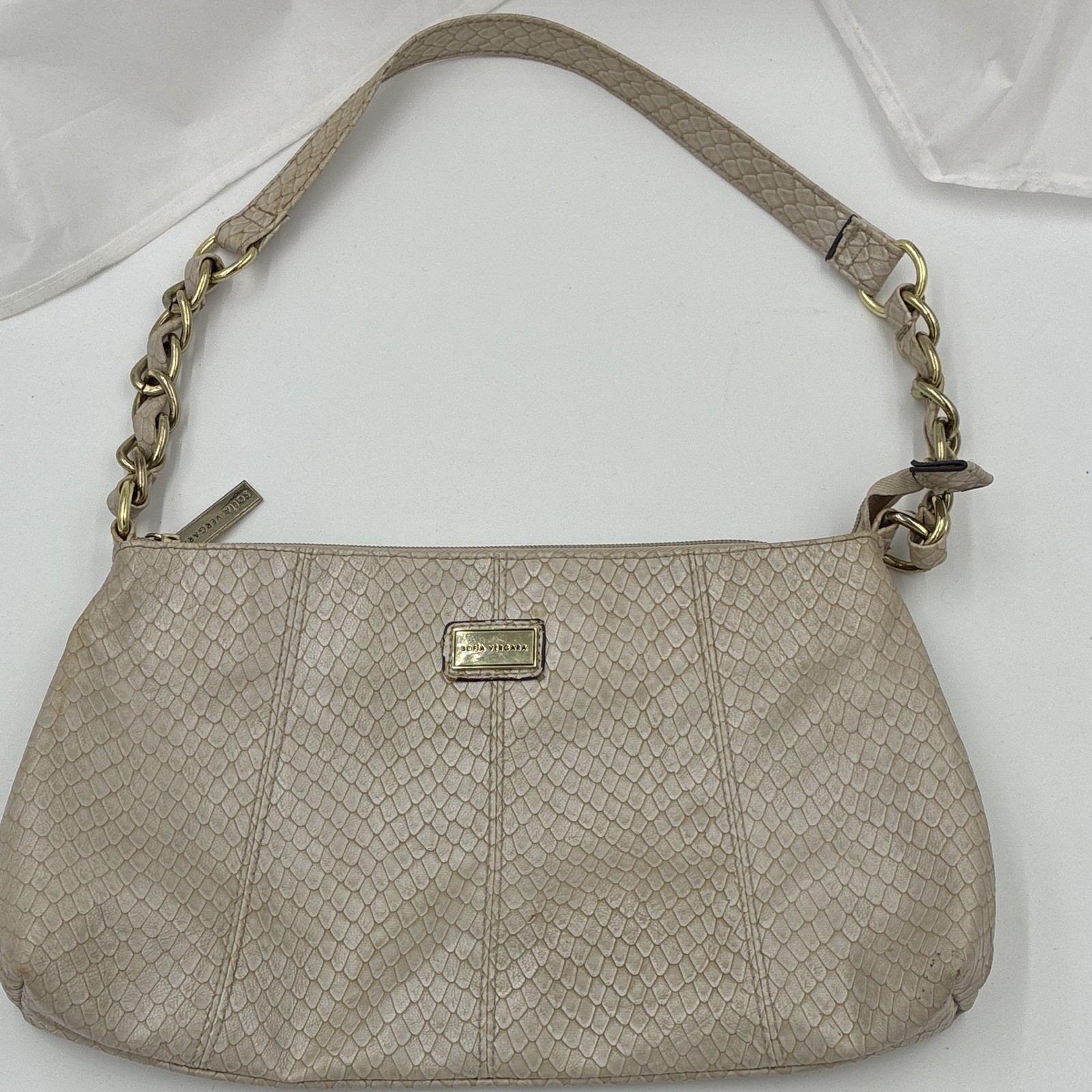 Sofia Vergara Women’s Beige Snake Print Small Shoulder Bag, Gold Chain, Zip