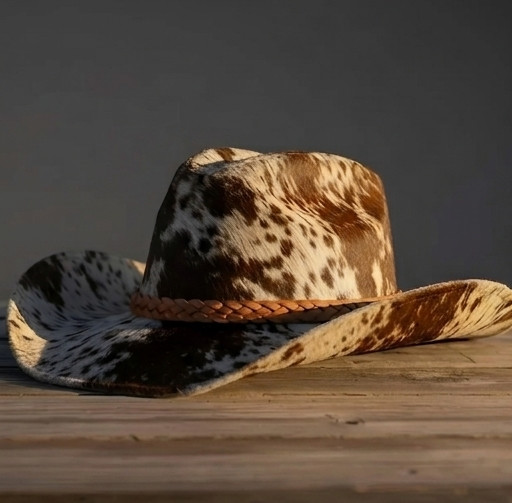 Handmade Genuine Cowhide Leather Cowboy Hat Brown White Western Hair on Hide