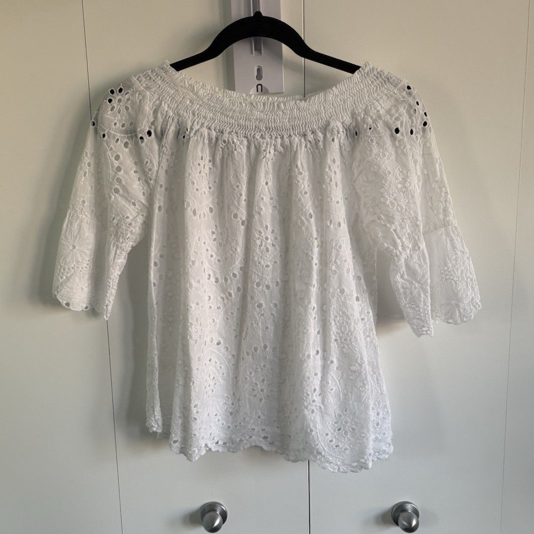 Women’s White Solid Eyelet Off-the-Shoulder Peasant Blouse 3/4 Sleeve M
