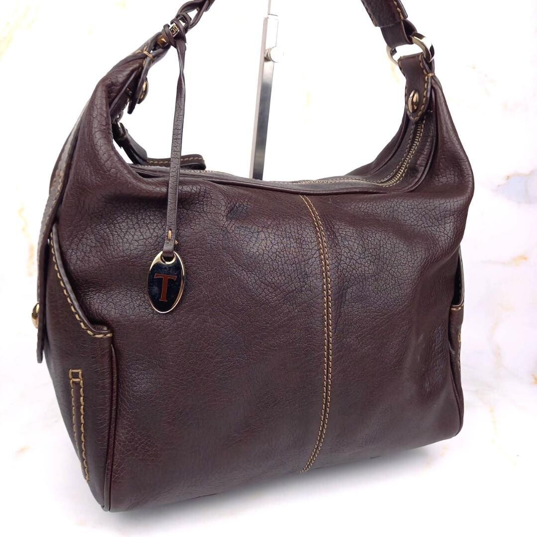 TOD’S One Shoulder Leather Bag Dark Brown 30x22cm Gold Hardware Purse Auth
