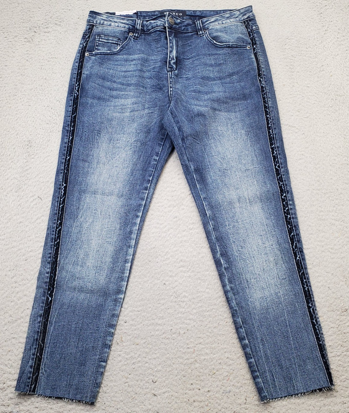 Bianco Jeans Womens Size 31 Blue Denim Stretch Whiskered Frayed Hem Straight Leg