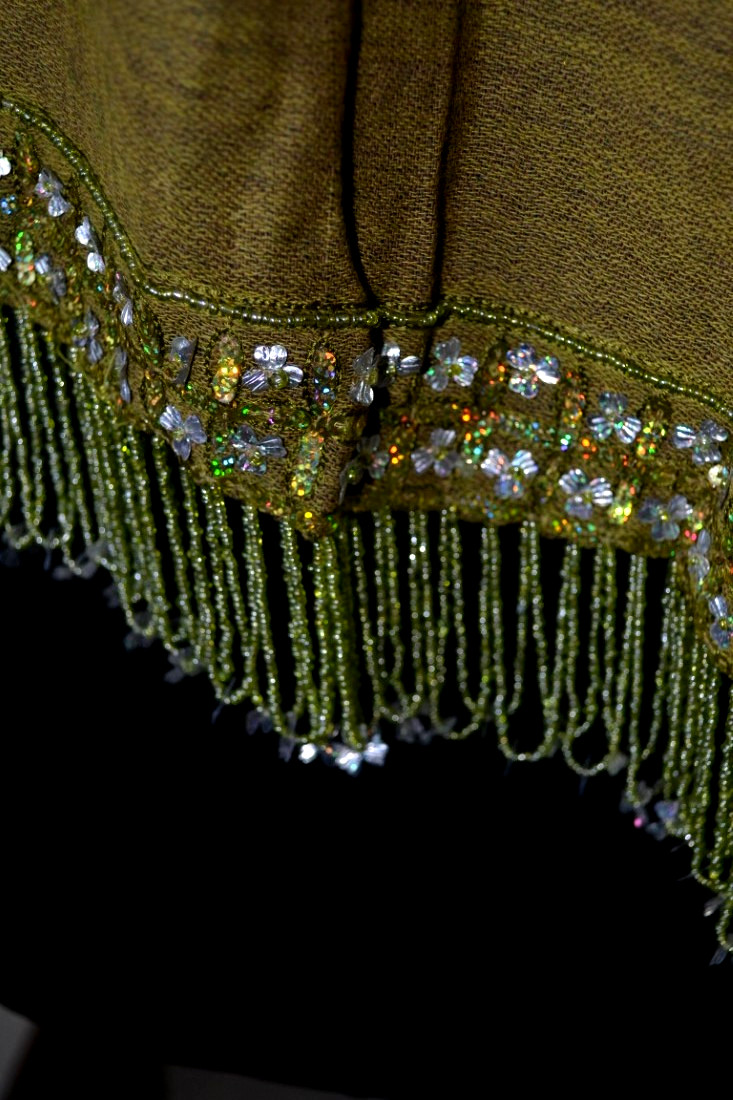 moss/ navy reversible SEQUINS BEADS ON TASSELS PASHMINA SHAWL 100% CASHMERE