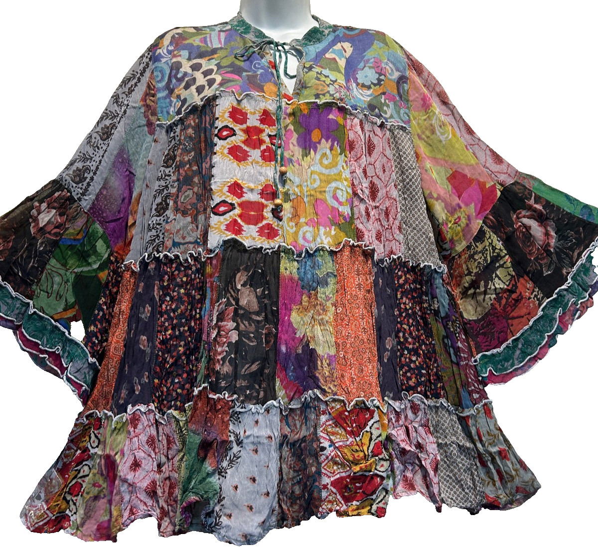 Nw FUNKY STUFF patch boho tiered babydoll sheer chiffon viscose TOP 2X Free ship