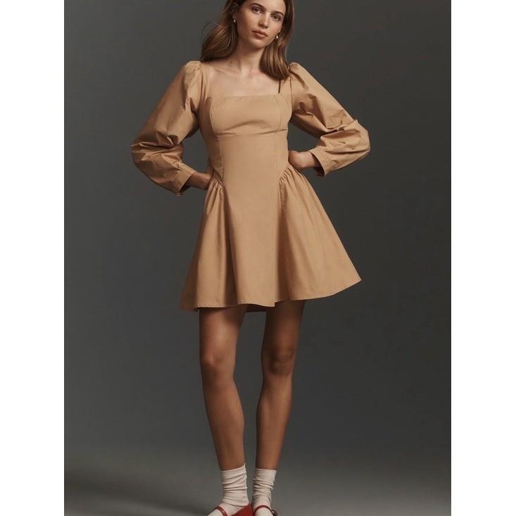 🌟 By Anthropologie Square-Neck Poplin Mini Dress Beige Long Sleeve Size Medium