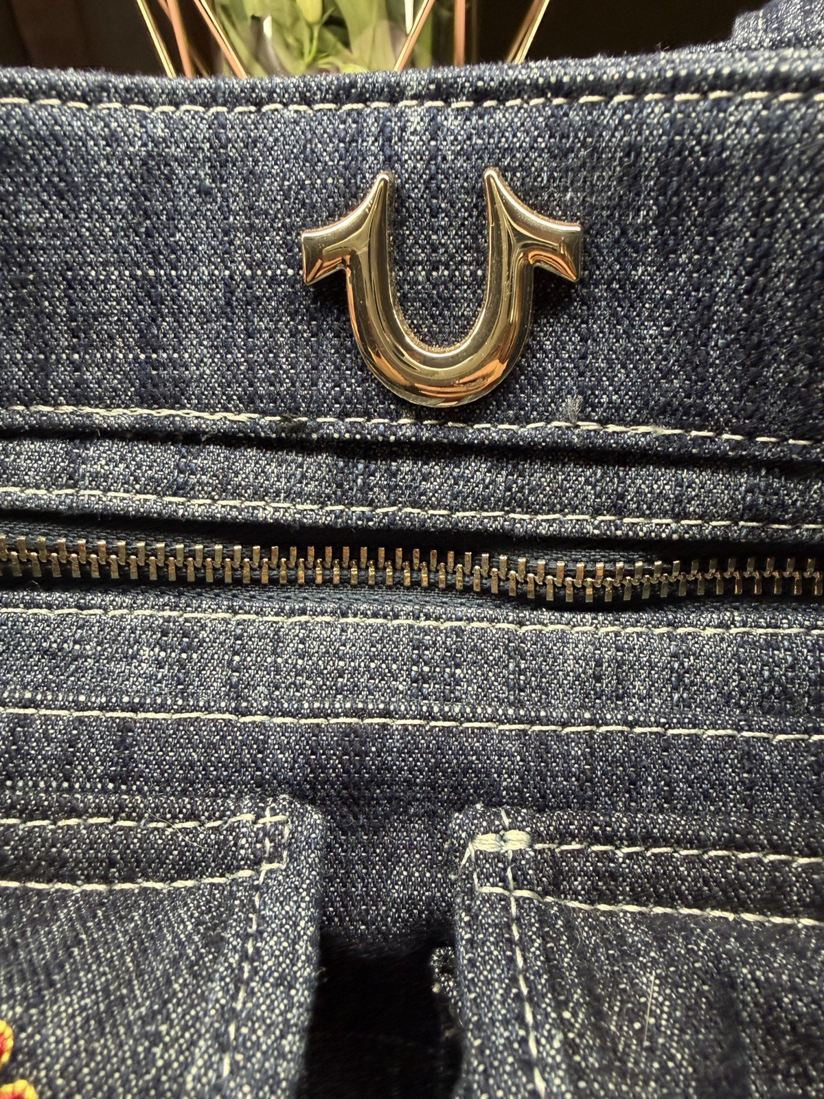 True Religion Blue Logo Tote Bag Zip Closure Detachable Strap Gold Hardware