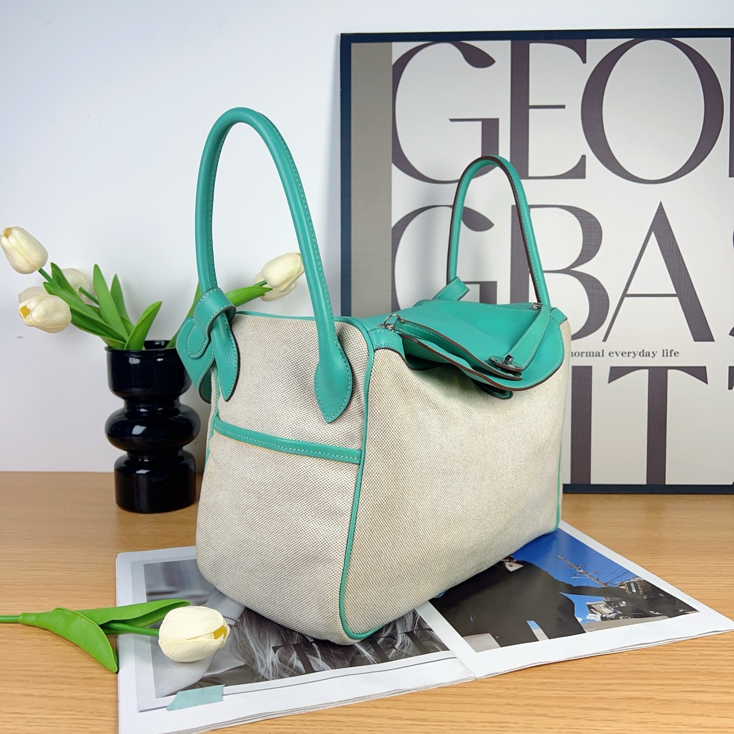Hermès Lindy 34 | Canvas & Swift Leather, Peacock Green, Square L Stamp