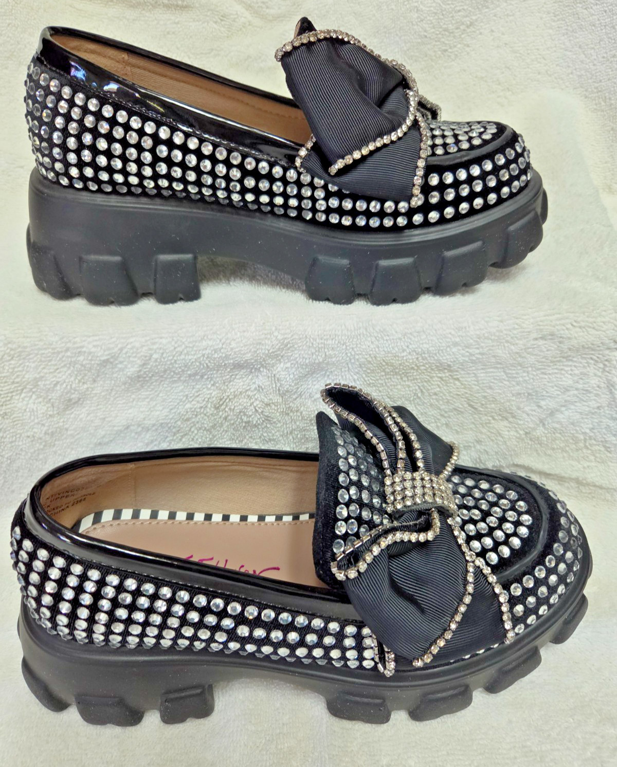 Betsey Johnson Vincent Bow Black Rhinestone Chunky Platform Loafer Women’s 5.5 M