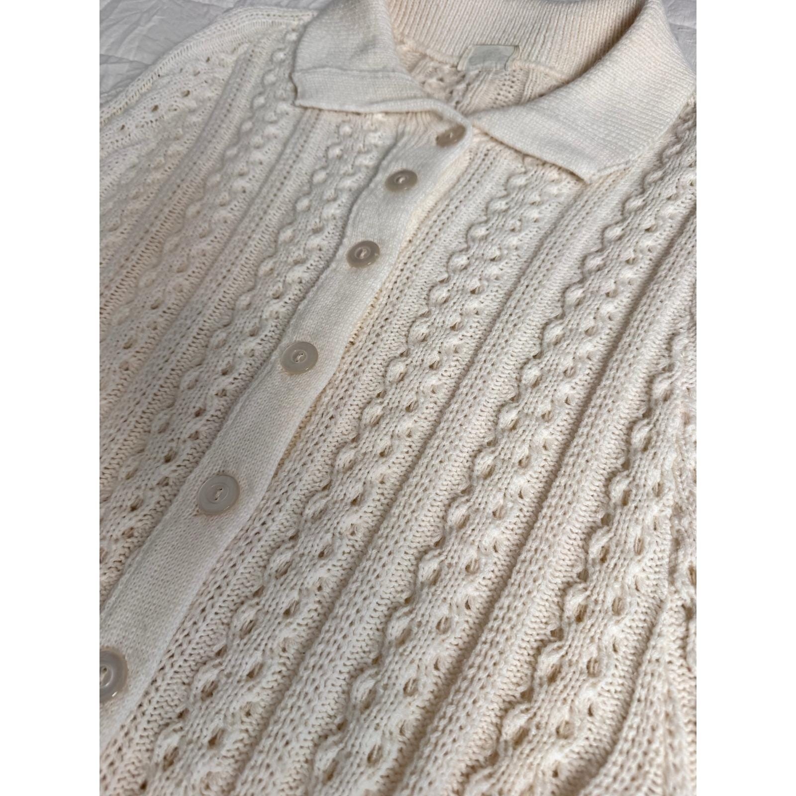 Cottagecore Cream Cable Knit Button Boho Front Poncho Cape Fringe Collared 70s