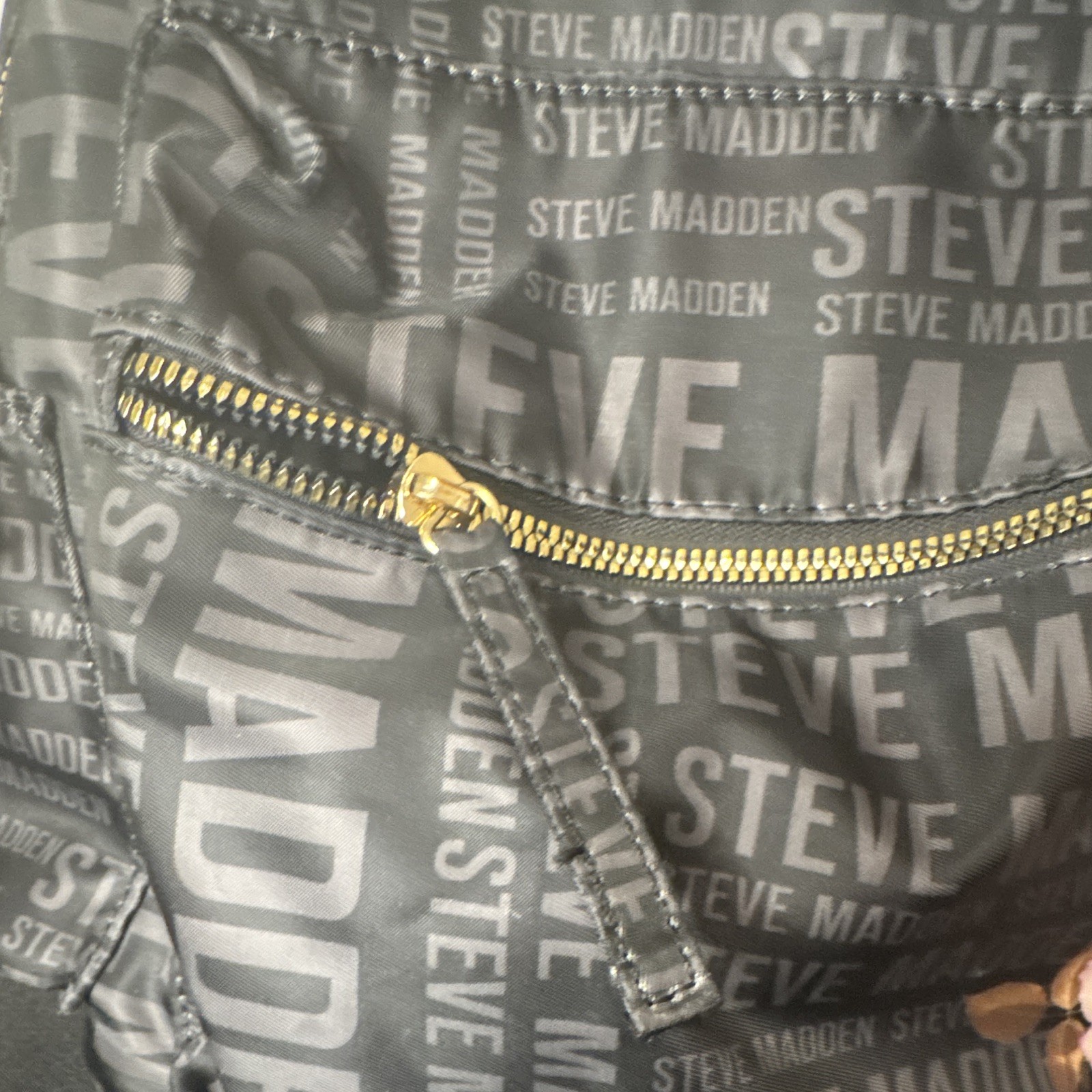 Steve Madden Black/Gray Logo Backpack Floral Pocket Gold Hardware Zip Pockets