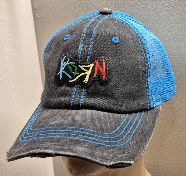 Korn Hat Distressed Ball Cap Hat Black & Neon Blue Mesh Hat