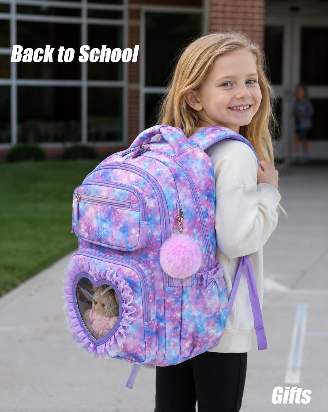 Cute Girls Backpack 17″ Lightweight Bookbag for Ages 6-12, Heart Pocket & Bowkno