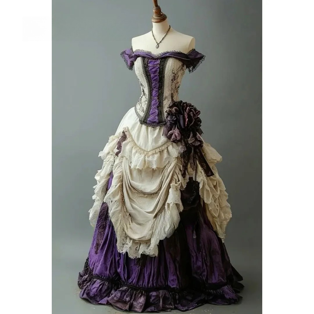 Purple Ivory Victorian Off Shoulder Lace Ball Gown Steampunk Cosplay Dresses