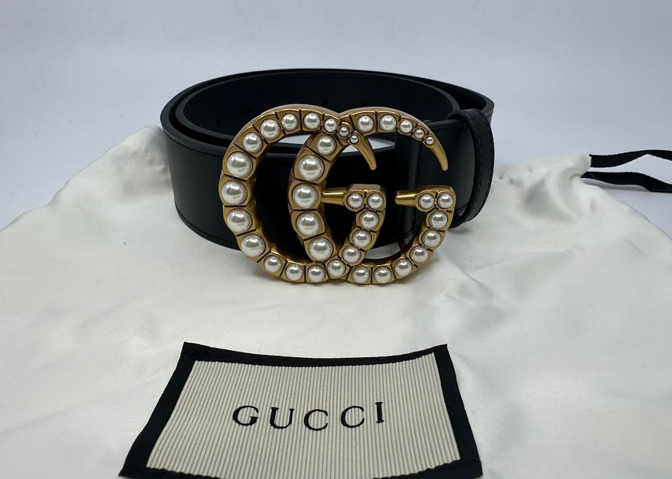 GG BlackGUCCI Leather Belt Pearl Gold Buckle