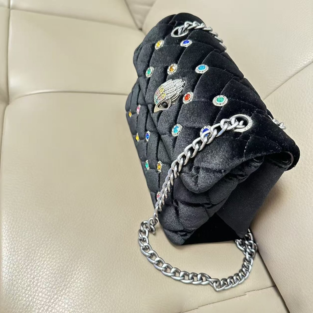 Kurt Geiger London Black Velvet Quilted Crossbody Bag Crystal Eagle 20×8×15cm