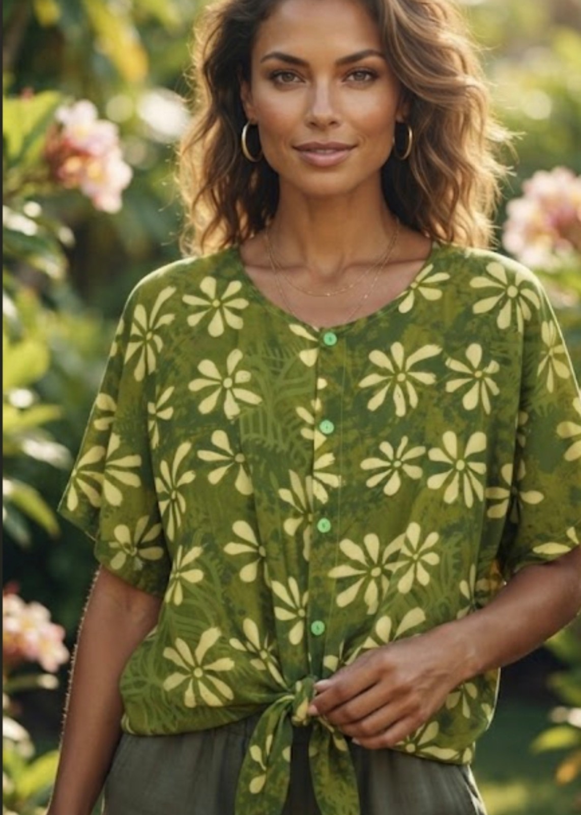 Vina’s Collection Womens Green Floral Batwing Dolman Sleeve Loose Fit Flowy Top