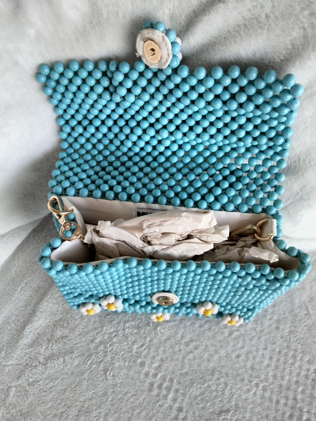 Beaded Blue Top Handle Bag Floral Daisy Detail Gold Chain Strap Button Closure