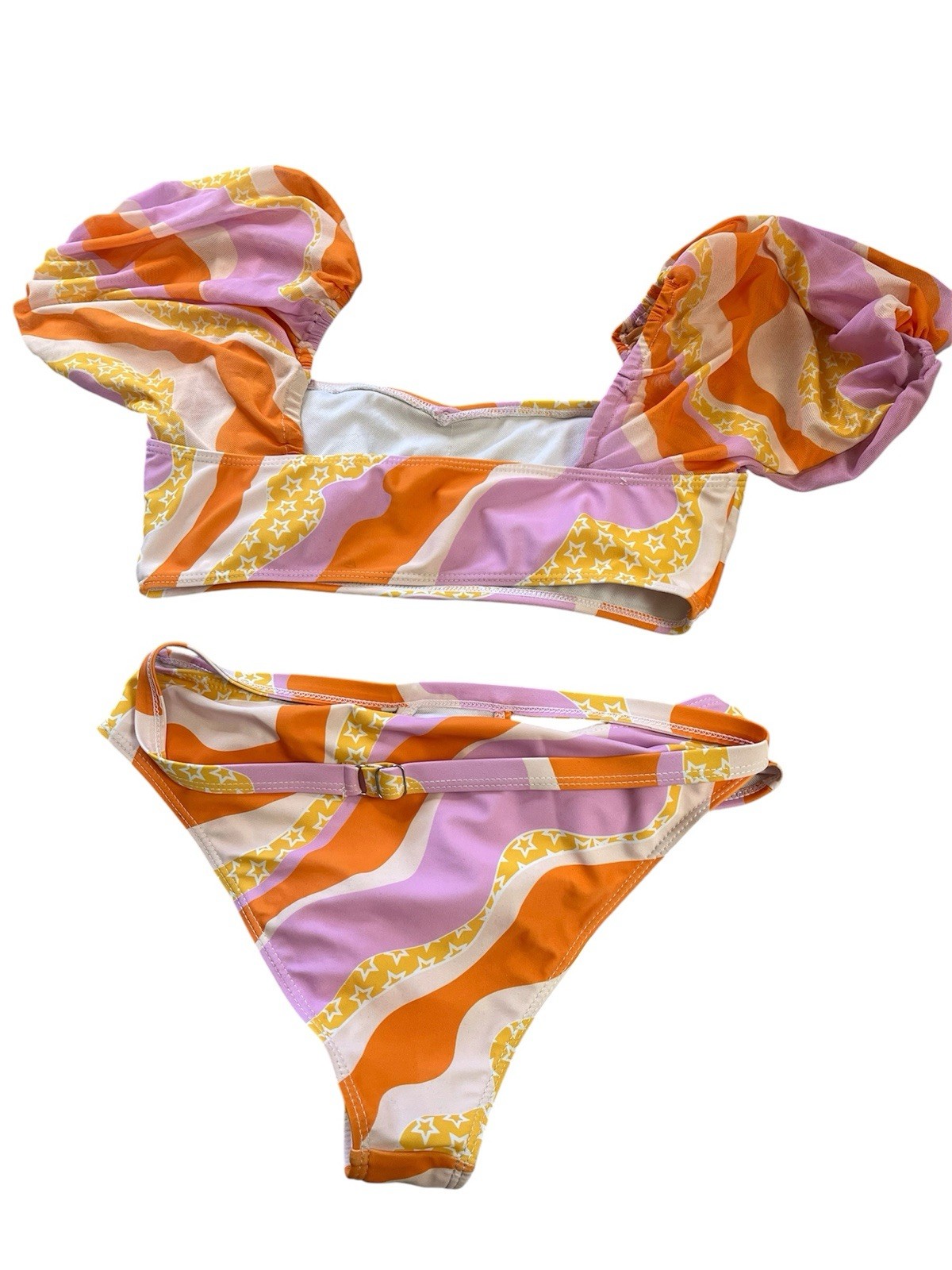 Women’s S 2-Piece Geometric Bikini Set Bandeau Puff Sleeve Top Buckle Bottom