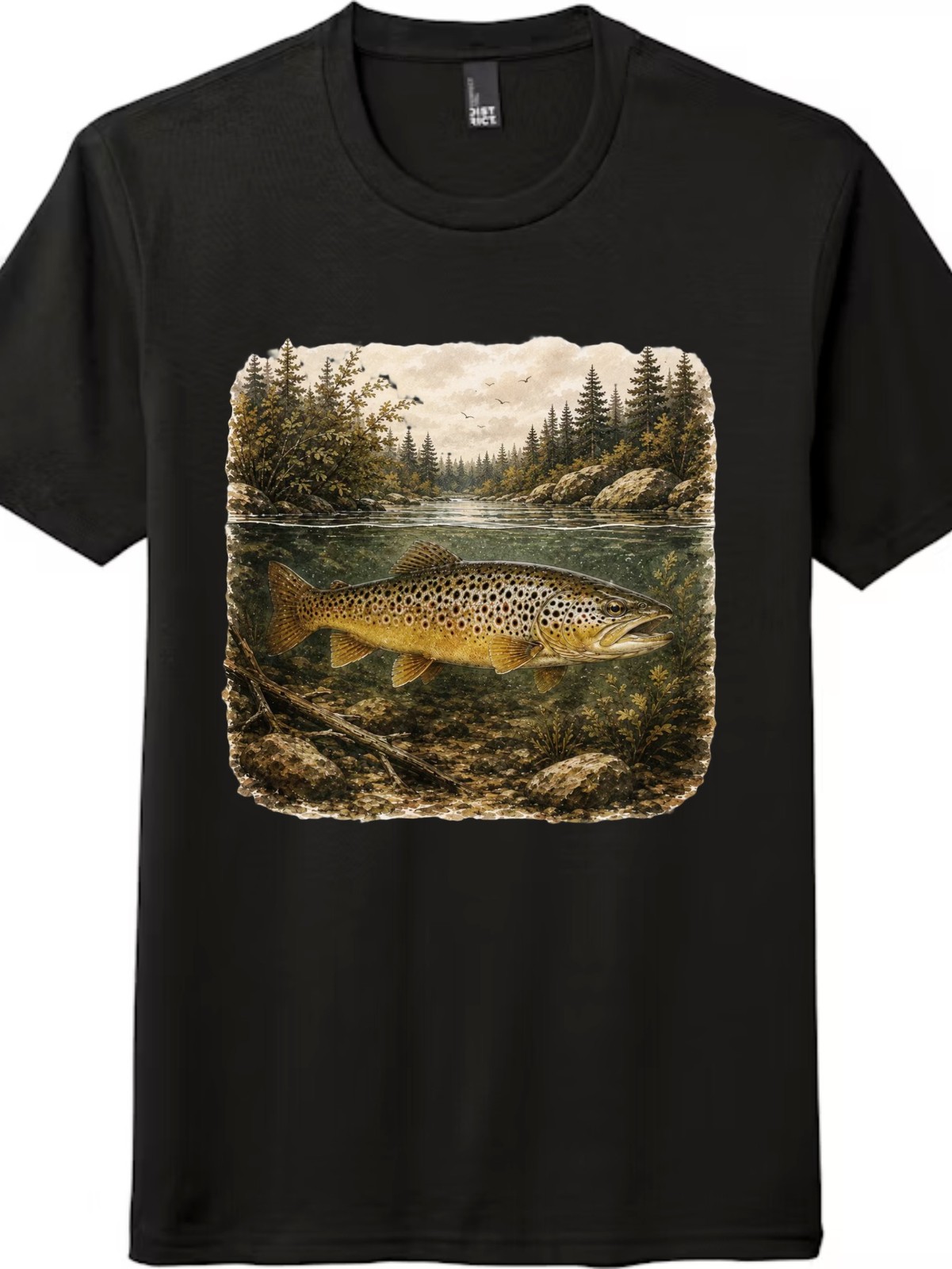 Retro Brown Trout Mountain River Art T‑Shirt Nature Outdoor Fisher Gift Tee