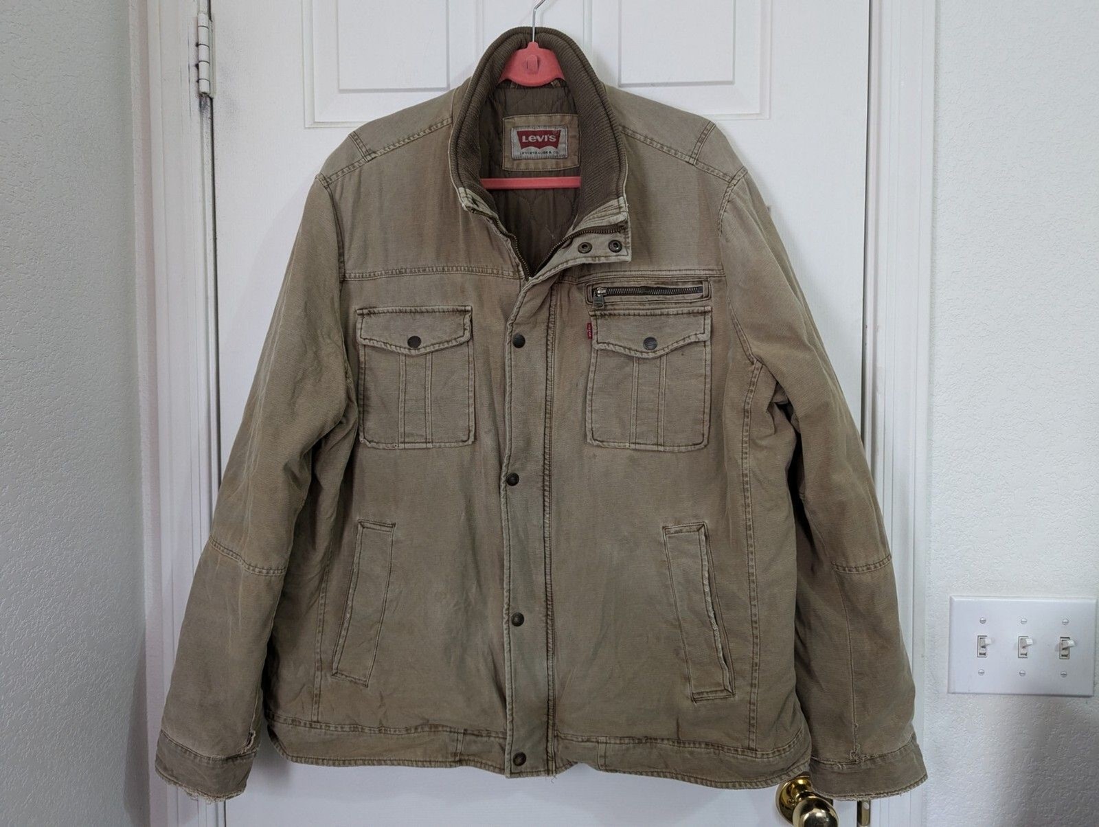 Levis Utility Jacket Mens XXL Beige Canvas Zip Snap Quilted Lined Distressed