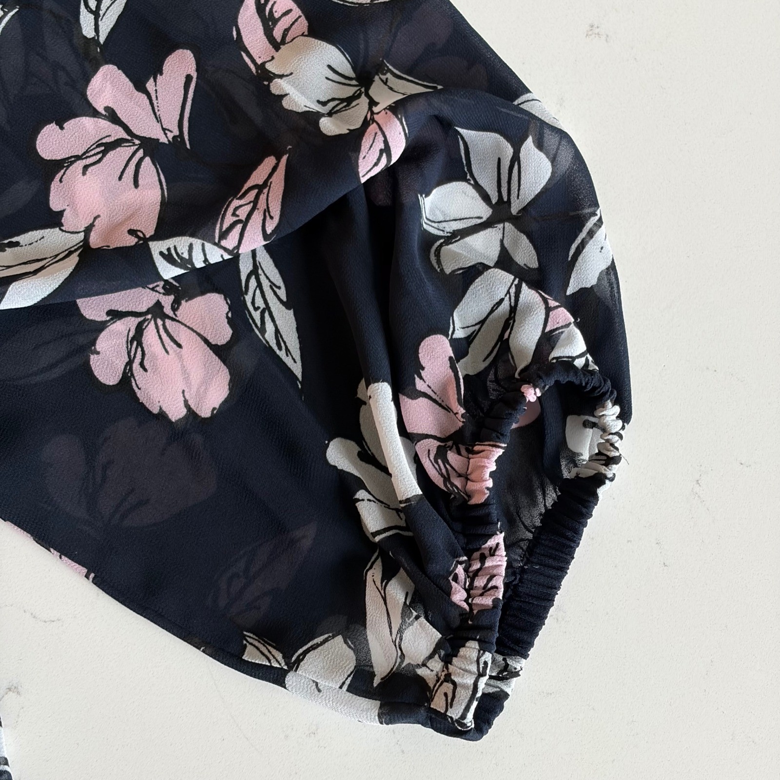 Lane Bryant 22 Navy Blue Pink Floral Chiffon Button Drawstring Waist Blouse