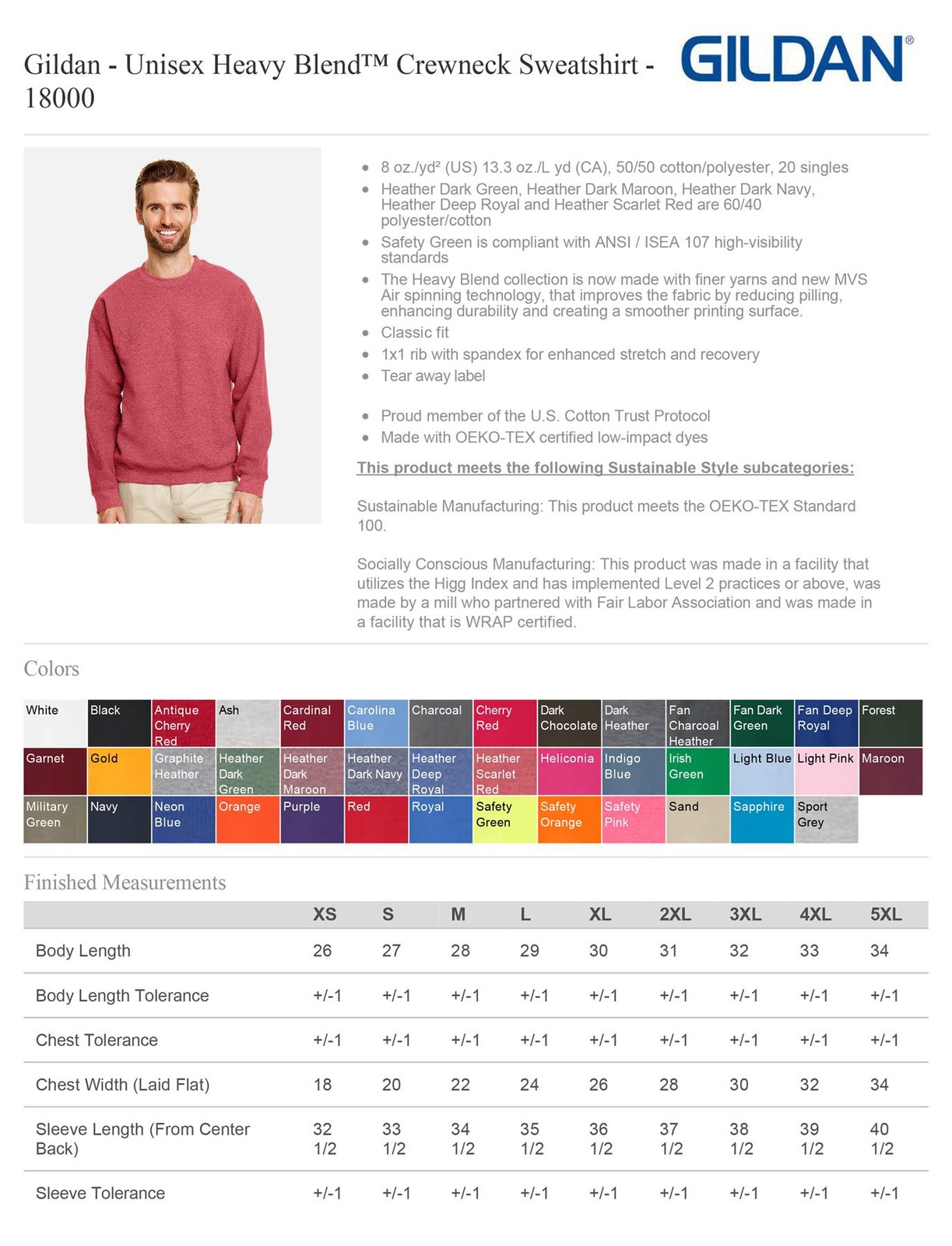 Gildan Adult Cotton/Polyester Crew Neck Heavy Blend Fleece Knit Sweatshirt 18000