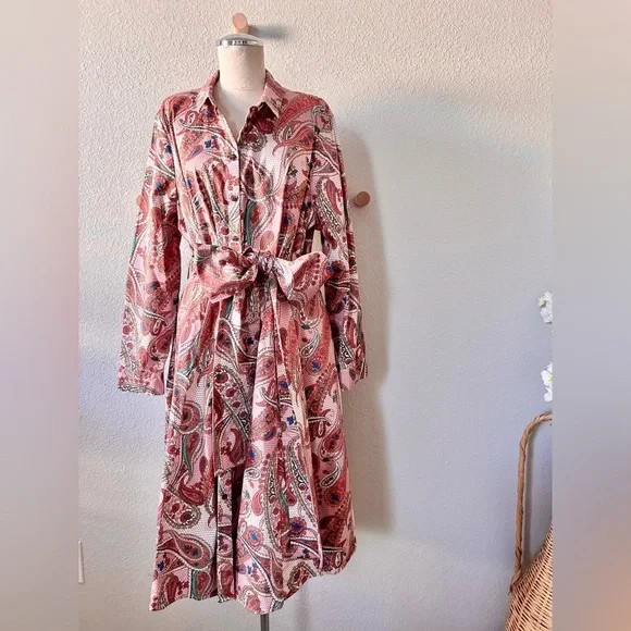 Madeleine Paisley Print Midi Shirt Dress with Wide Tie Belt Size 48 US Size 18